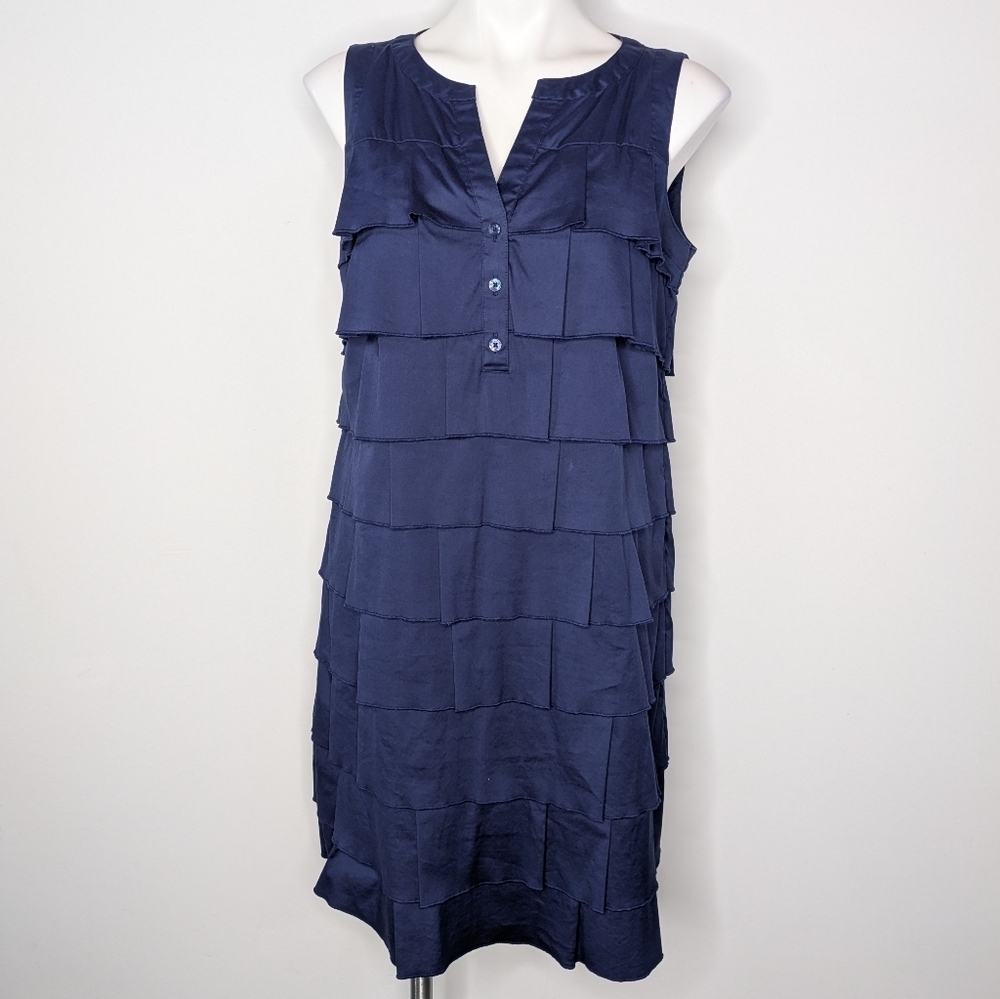 Chico's Blue Layered 1/3 Button Sleeveless Cotton Blend Midi Dress 6